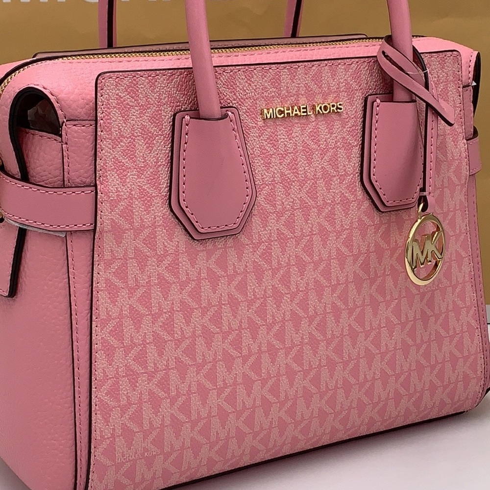 MICHAEL KORS Mercer Sm TZip Logo Leather Belted Satchel Crossbody Carnation - Picture 10 of 16